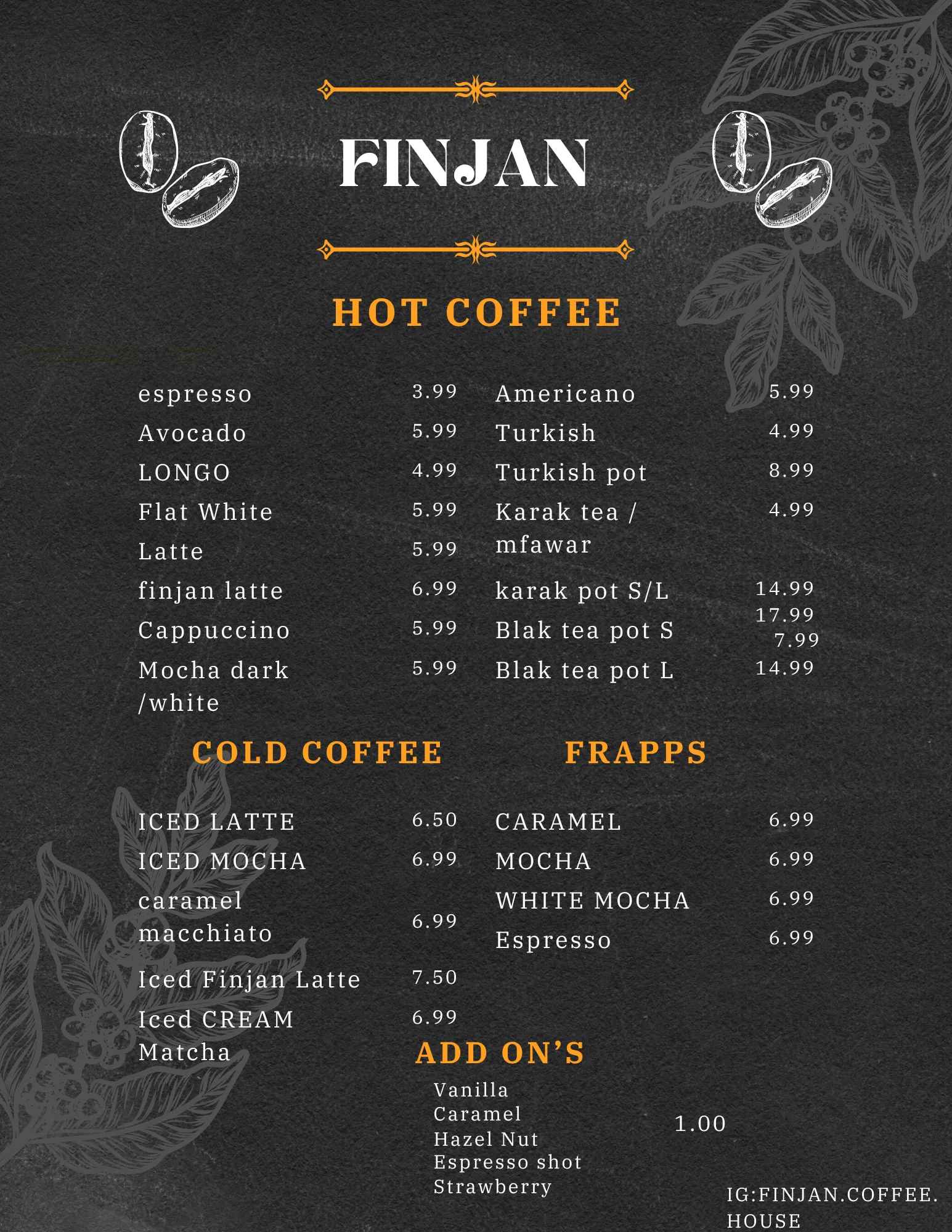Finjan Coffee House menu: hot coffee, cold coffee, frapps, and add-ons with prices