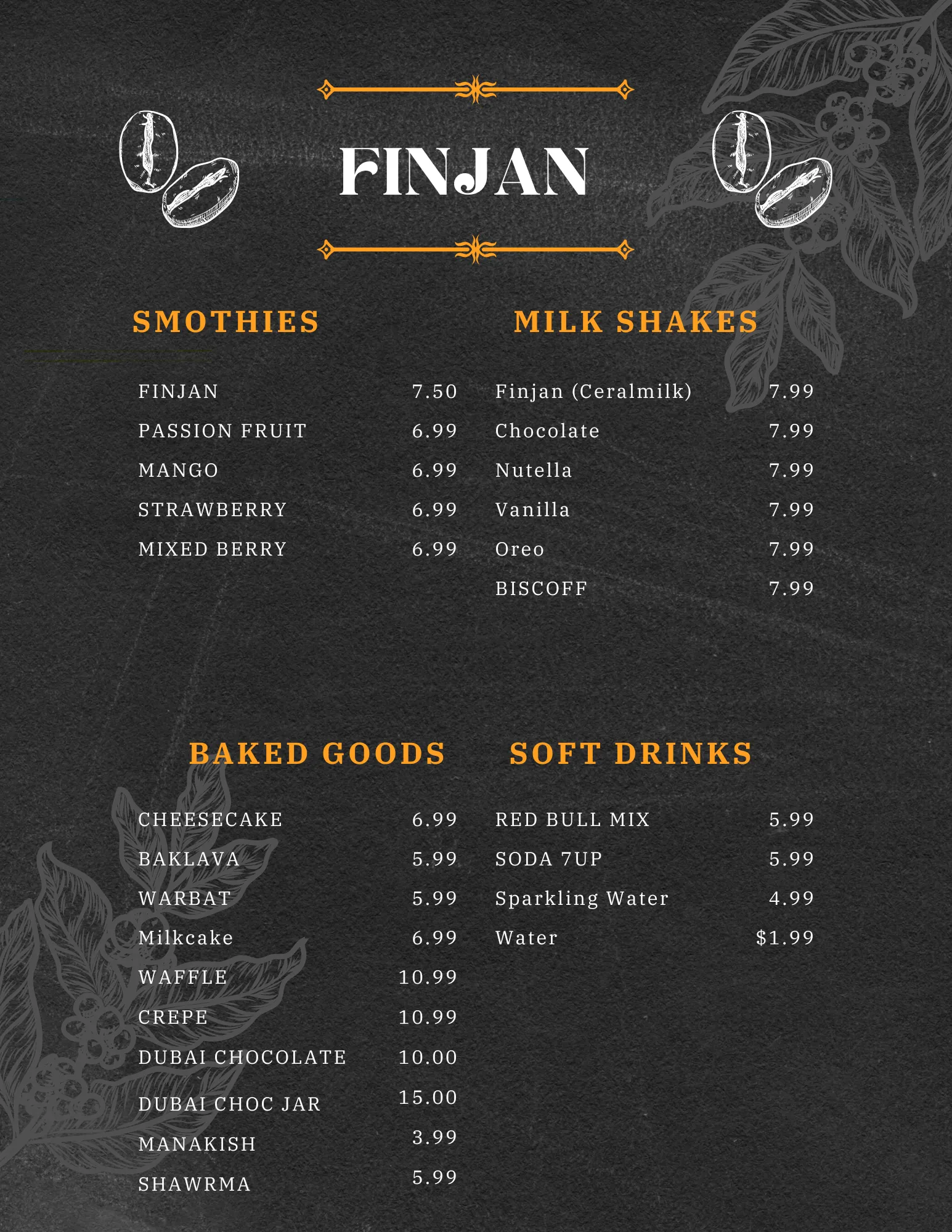 Finjan Coffee House menu: smoothies, milk shakes, baked goods, and soft drinks with prices